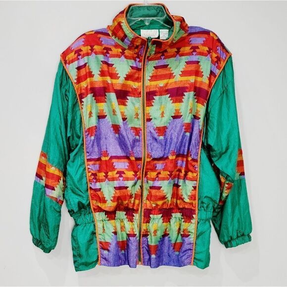 Vintage 80s 90s Colorful Western Aztec Windbreaker Zip Up Jacket Nylon Size M - Picture 3 of 16